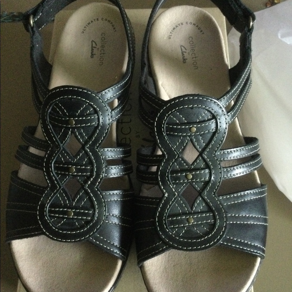 Clarks Ladies Sandals, Black, Leather, 9W